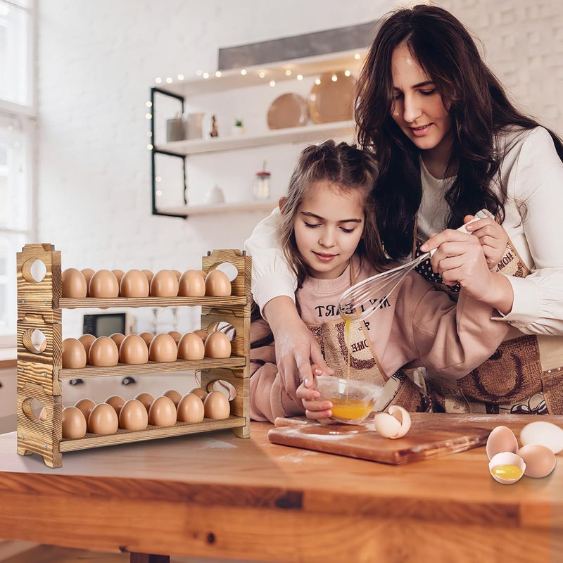 AOOHOOA Wooden Egg Holder & Storage-3Tier /36-Hole Stackable Holds Fresh Eggs, Farmhouse Eggs Rack Wood, Rustic Countertop Chicken Egg Organizer Wood with Distressed Finish for Home Kitchen Decoration - Image 3